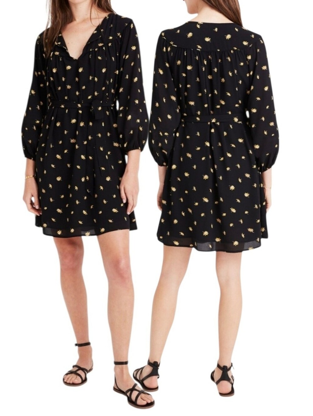 Madewell French Daisy Mini Dress‎ Black Yellow Floral Balloon Sleeve